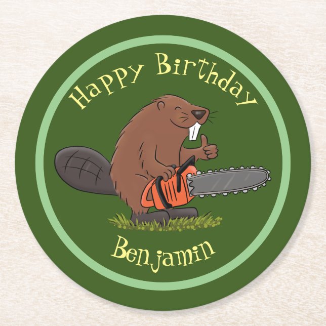 Beaver with chainsaw funny cartoon illustration round paper coaster (Front)