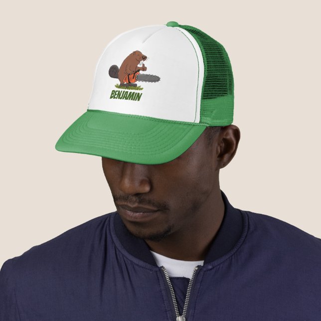 Beaver with chainsaw funny cartoon illustration trucker hat (In Situ)