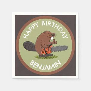 Beaver with chainsaw funny personalized birthday napkin