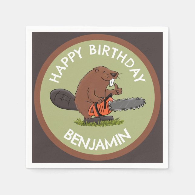 Beaver with chainsaw funny personalized birthday napkin (Front)