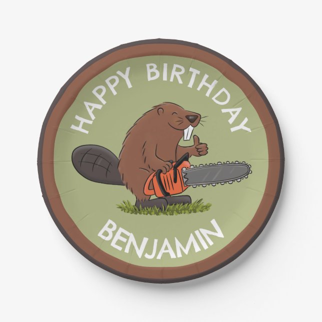 Beaver with chainsaw funny personalized birthday paper plate (Front)