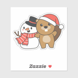Beaver With Snowman In Winter At Christmas