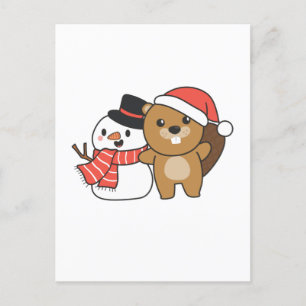Beaver With Snowman In Winter At Christmas Holiday Postcard