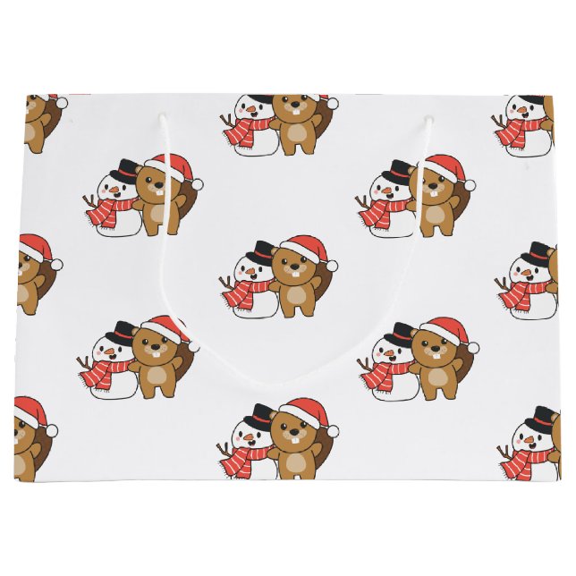 Beaver With Snowman In Winter At Christmas Large G Large Gift Bag (Front)