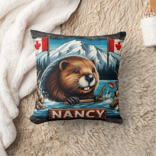 Beaver With Stick by Canadian Flags Throw Pillow