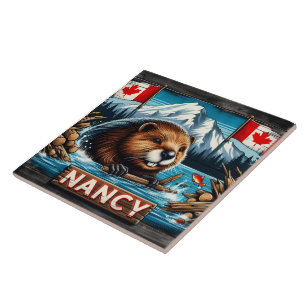 Beaver With Stick by Canadian Flags Tile
