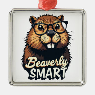 Beaverly Smart – Funny Beaver with Glasses Graphic Metal Ornament