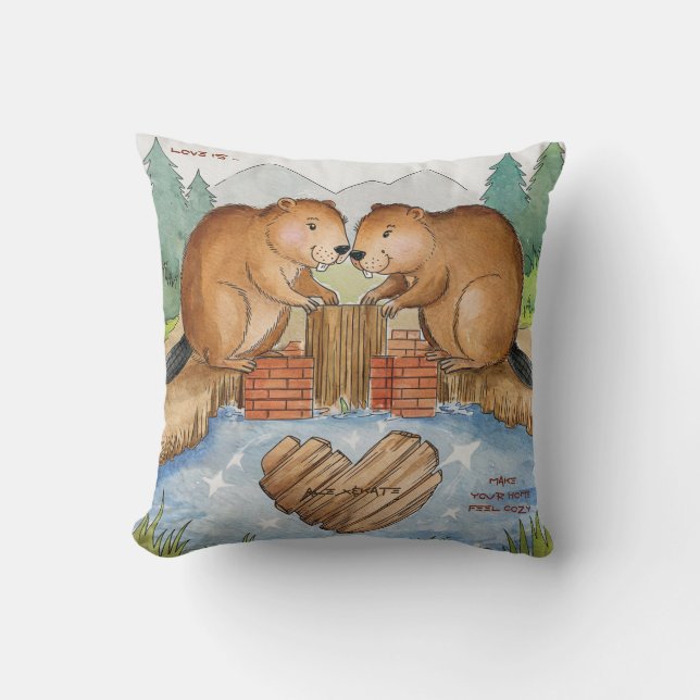 Beavers in Love Throw Pillow (Front)