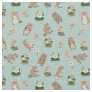 Beavers & Lily Pads on Pistachio Green Fabric