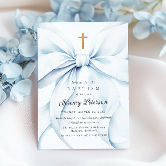 Bébé Baptême Bleu Bow Invitation