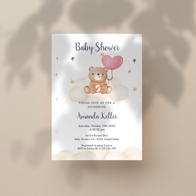 Bébé Bear Heart Balloon Baby shower Invitation (Créateur téléchargé)