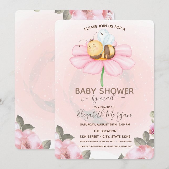Bébé Bee Floral Baby shower Invitation (Devant / Derrière)