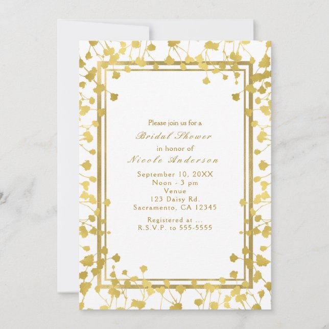 Bébé blanc & or's Breath Floral Chic Invitations (Devant)