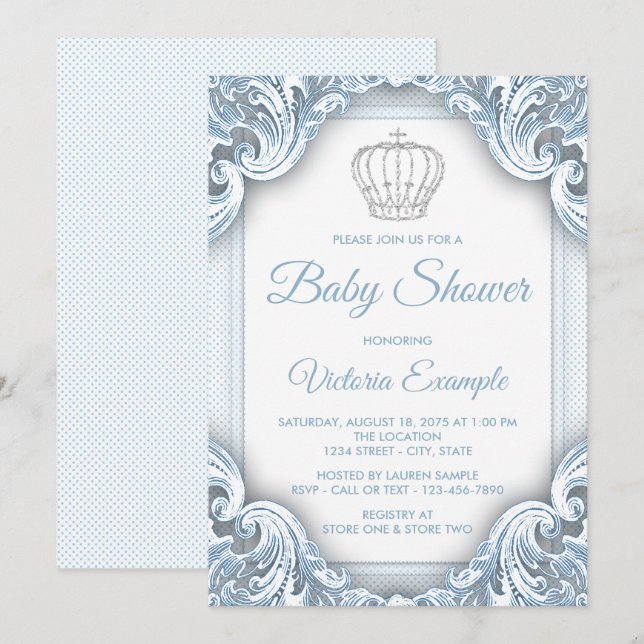 Bébé Bleu Argent Prince Bébé Douche Invitations (Devant / Derrière)