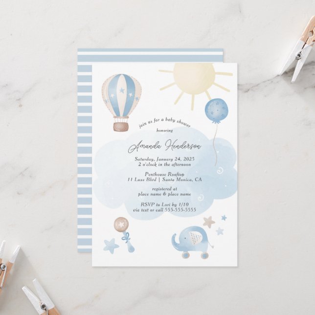 Bébé bleu Baby shower garçon Invitation (Devant/Arrière en situation)