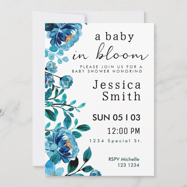 Bébé bleu en fleur Invitation Baby shower (Devant)