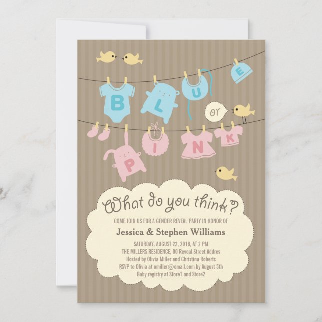 Bébé bleu ou rose Genre Reveal Invitation de la fê (Devant)