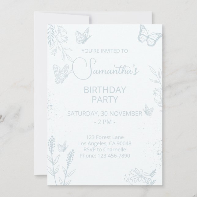 Bébé Bleu Papillon Anniversaire Invitation (Devant)