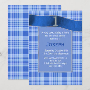 Bébé bleu Plaid Invitation d'anniversaire