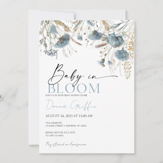 Bébé Boho Bleu En Fleur Invitation (Devant)