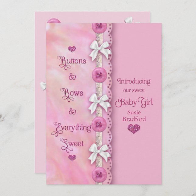 Bébé Boutons et vaches Faire-part rose (Devant / Derrière)