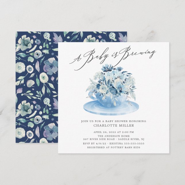 Bébé brasse Blue Floral Baby Tea Invitation (Devant / Derrière)