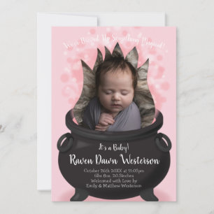 Bébé brasse sorcière Faire-part de naissance rose 