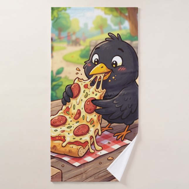 Bébé Corbeau Cartoon Mangeant une Pizza (Serviette de bain)