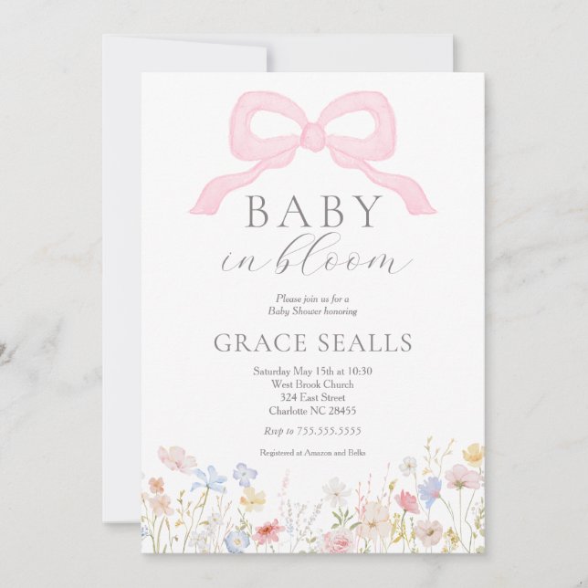 bébé dans Bloom bow Baby shower Invitation (Devant)
