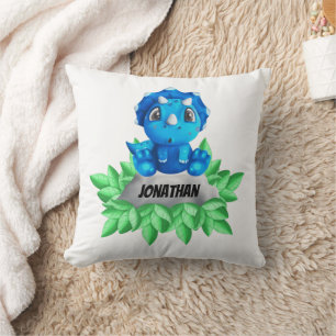 Bébé Dinosaure Bleu Oreiller à lancer blanc