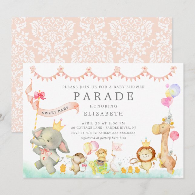 Bébé doux Animaux Parade Baby shower Invitation (Devant / Derrière)