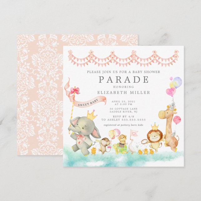 Bébé doux Animaux Parade Baby shower Invitation (Devant / Derrière)