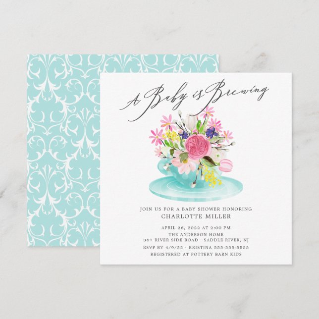 Bébé doux brasser Floral Baby Tea Invitation (Devant / Derrière)