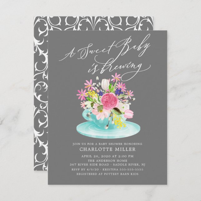 Bébé doux brasser Floral Baby Tea Invitation (Devant / Derrière)