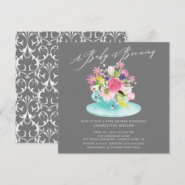 Bébé doux brasser Floral Baby Tea Invitation (Devant / Derrière)