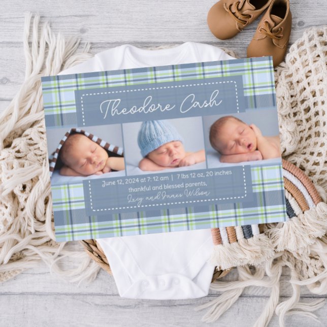 Bébé doux garçon Plaid Faire-part de naissance béb (Blue Baby Birth Announcement, boy birth announcement, birth announcement template, plaid birth )
