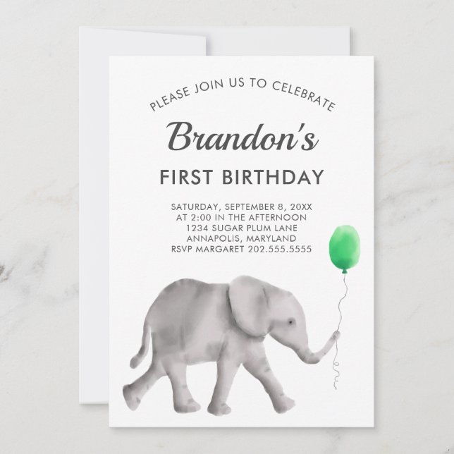 Bébé Eléphant Invitation à la fête d'anniversaire, (Devant)