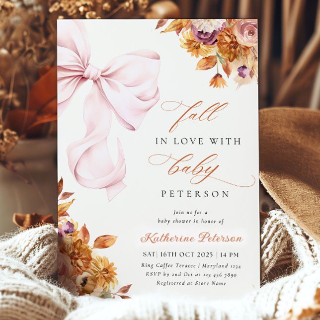 Bébé En Fleur FALL Pink Bow Baby shower Invitation (Créateur téléchargé)