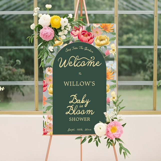 Bébé en Fleur Jardin Floral Baby shower Bienvenue (Baby in Bloom Floral Garden Baby Shower Welcome Acrylic Sign)