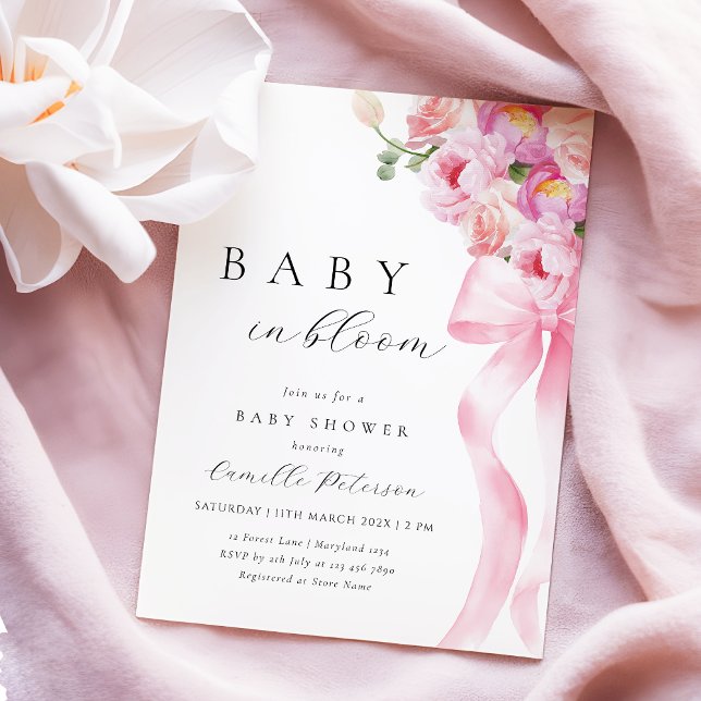 Bébé En Fleur Pink Bow Baby shower Invitation (Créateur téléchargé)