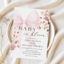 Bébé En Fleur Pink Bow Baby shower Invitation