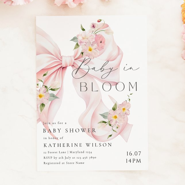 Bébé En Fleur Soft Rose Bow Baby shower Invitation (Créateur téléchargé)