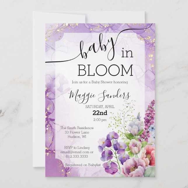Bébé en fleur violet Baby shower floral Invitation (Devant)