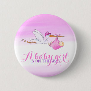 Bébé fille cigogne rose aquarelle bouton badge