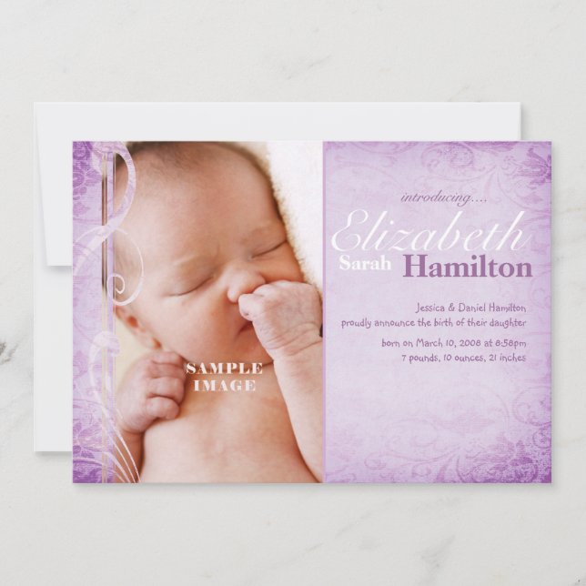 Bébé fille Faire-part de naissance pourpre (Devant)