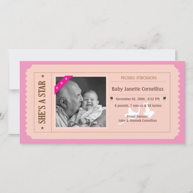 Bébé fille Faire-part - Style de billet de cinéma (Devant)