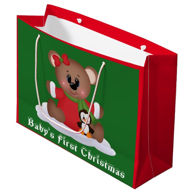 Bébé fille ours Premier Noël grand sac cadeau (Devant Angle)