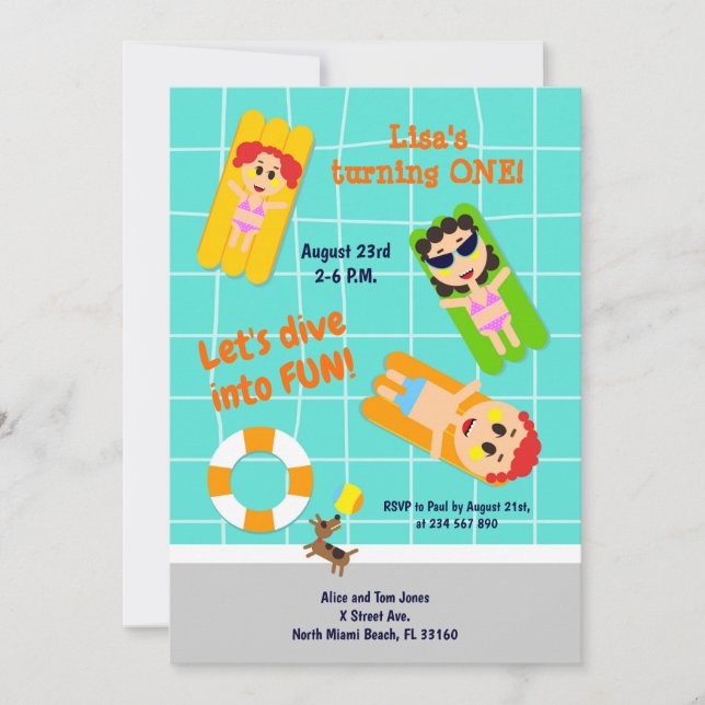Bébé fille premier anniversaire piscine invitation (Devant)