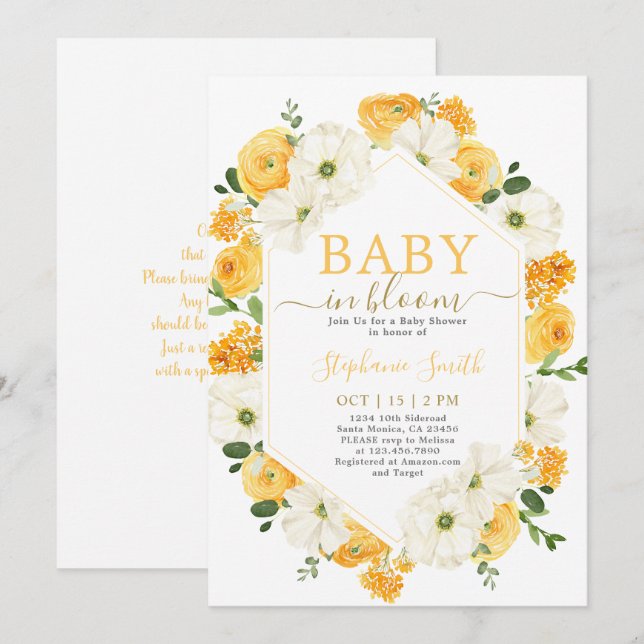 Bébé floral jaune en fleur Baby shower Invitation (Devant / Derrière)
