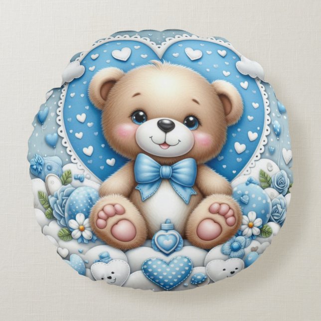 Bébé garçon bleu teddy coussin rond, décoration de (Devant)